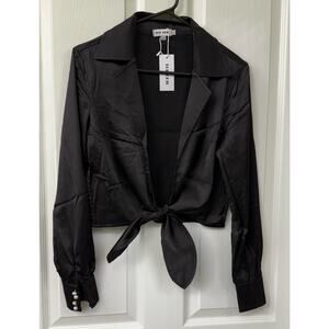 Top Chic black tie waist satin look pearl buttons long sleeve NWT small $68